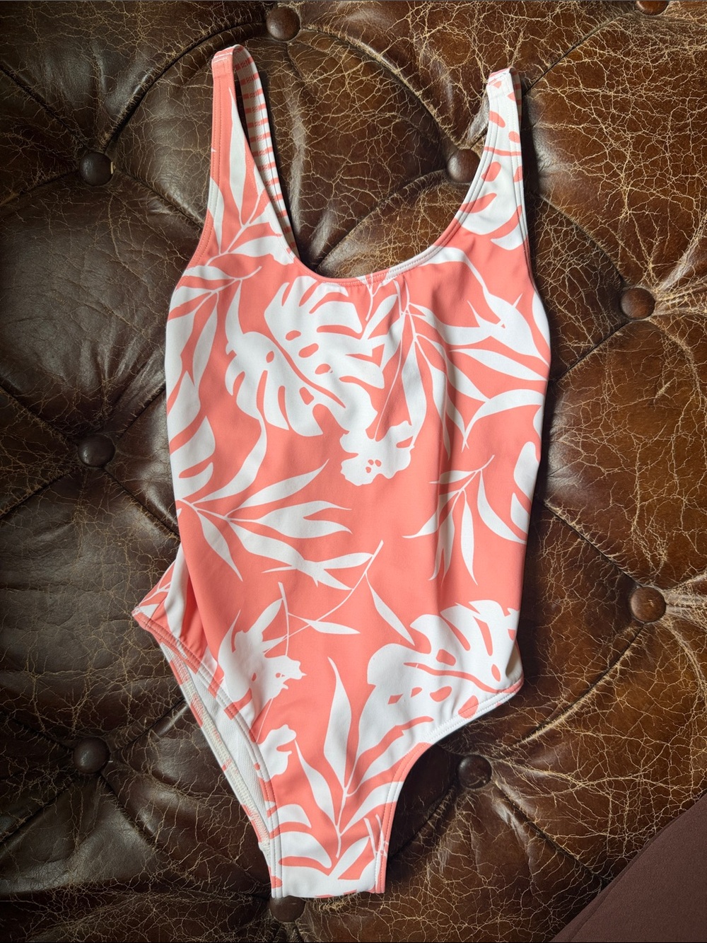 Roxy Coral and White Tropical Leaf Kids One-Piece Swimsuit